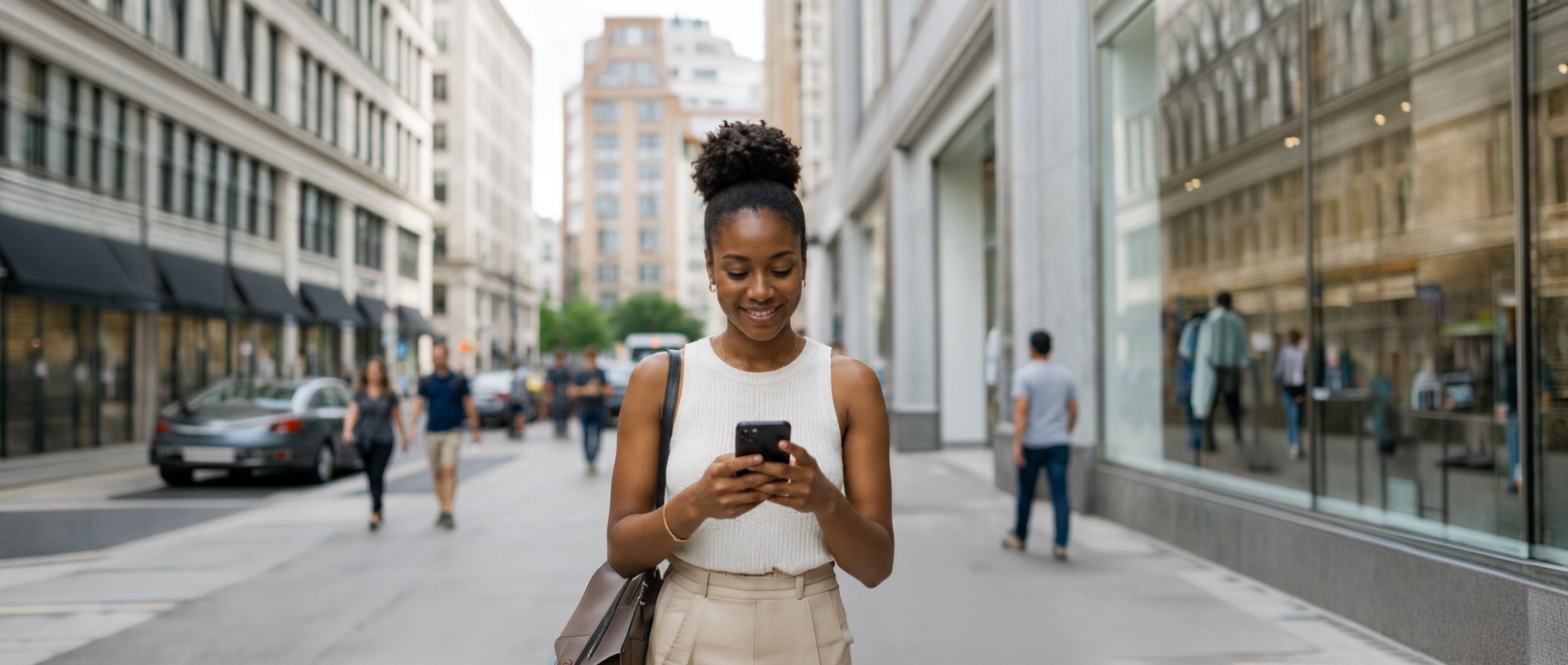 Smiling woman on a city street looking at her phone