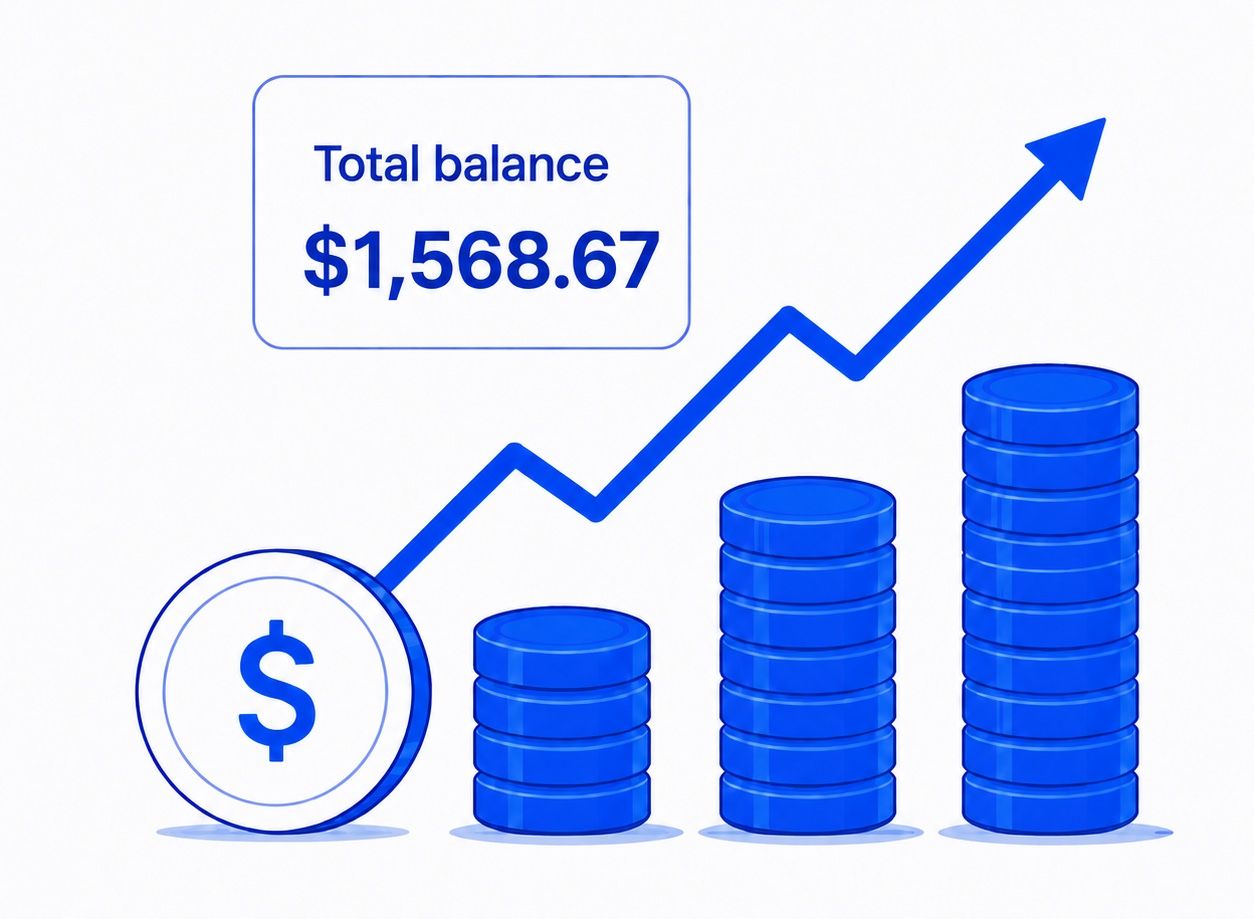 Stacks of coins growing alongside an upward arrow, showing balance growth