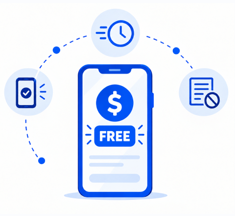 Phone with a free dollar account surrounded by icons for speed, security and no paperwork