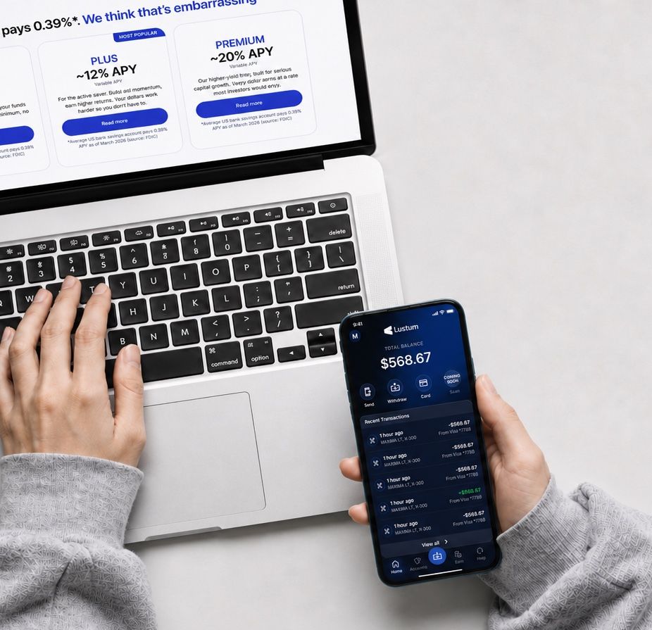 MacBook showing Lustum APY tiers next to a smartphone displaying the Lustum account balance