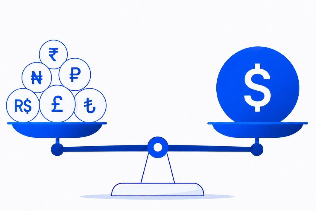Stylized balance scale weighing world currencies against a single US dollar
