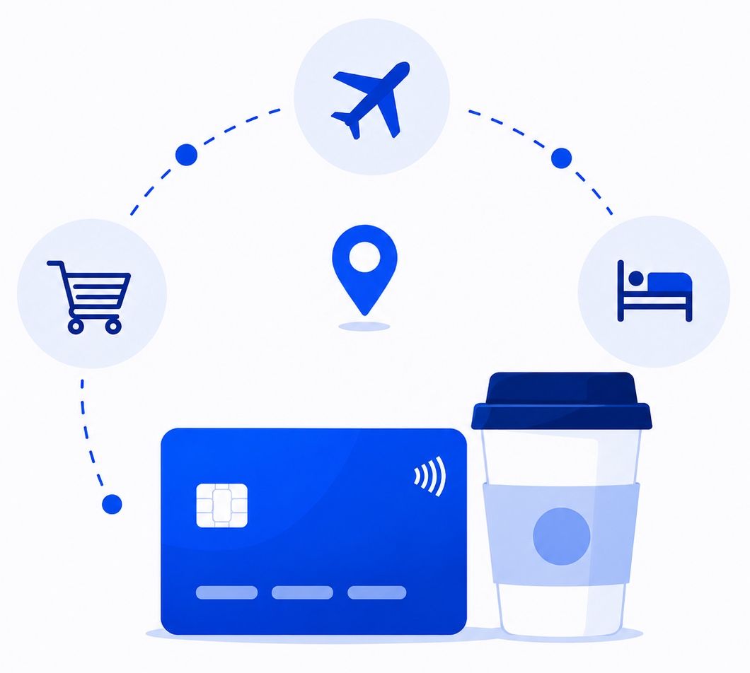 Illustration of a Visa card surrounded by travel icons for paying anywhere