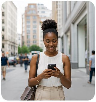 Designer walking through Lagos with her phone