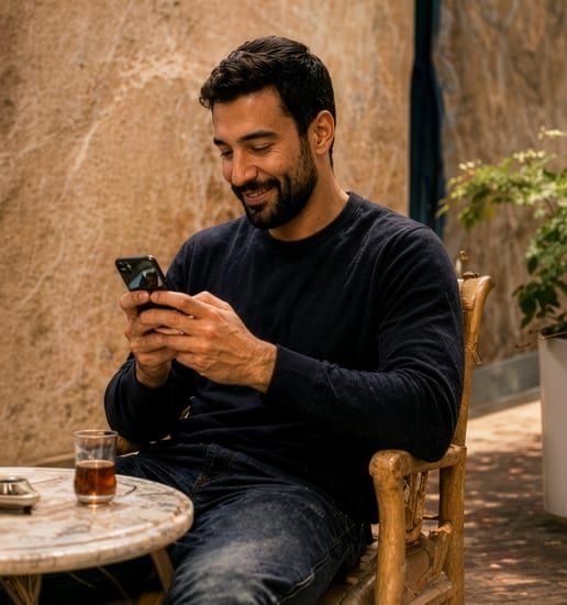 Man texting family from a sunlit Madrid courtyard cafe