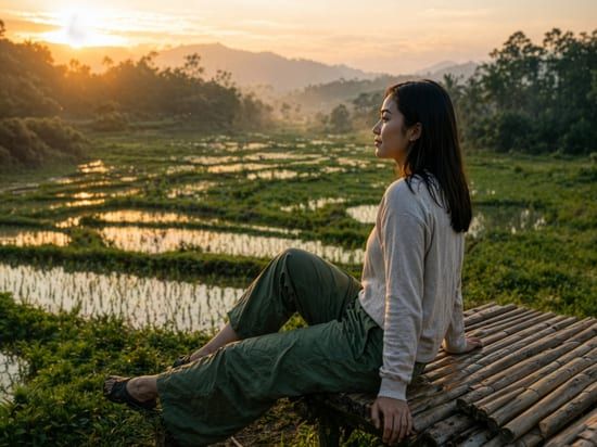 Woman watching the sunrise over rice fields near Manila