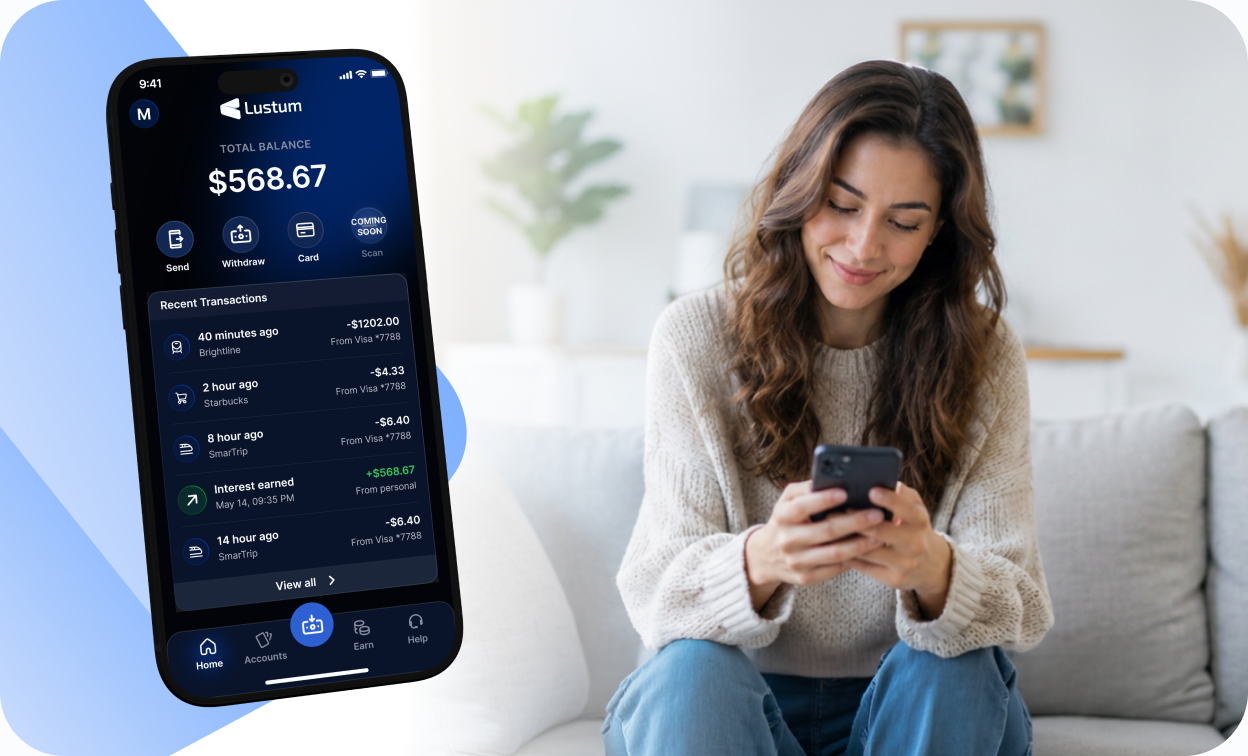 Lustum app showing the account balance next to a woman using her phone on a sofa