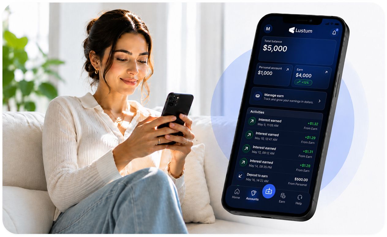 Young woman sitting on a sofa, smiling while using the Lustum app on her smartphone